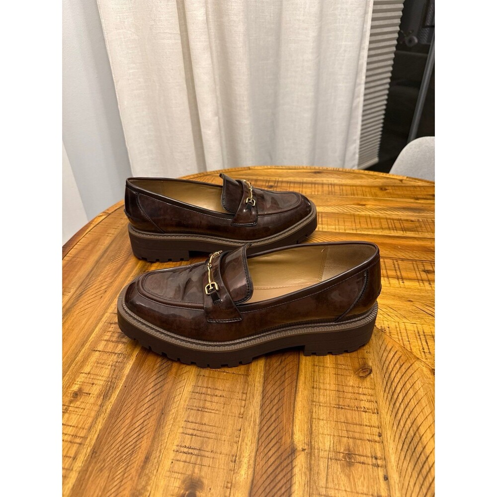 Sam Edelman Laurs Lug Sole Loafers Chestnut Brown Patent Horsebit Womens 12